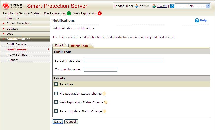 Monitoring Smart Protection Server Pattern Update Status Change: Select to send a notification for status changes. Default Message: Click to revert the Message fields to Trend Micro default text.