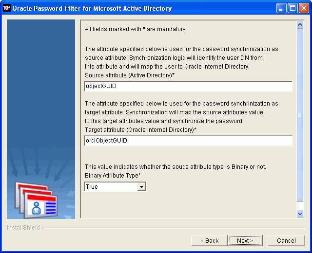 Installing and Reconfiguring the Oracle Password Filter for Microsoft Active Directory This image shows the Specify Attributes page of the Oracle Password Filter for Microsoft Active Directory