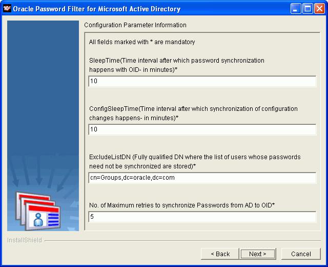 Installing and Reconfiguring the Oracle Password Filter for Microsoft Active Directory This image shows the Oracle Password Filter Configuration Parameters page of the Oracle Password Filter for