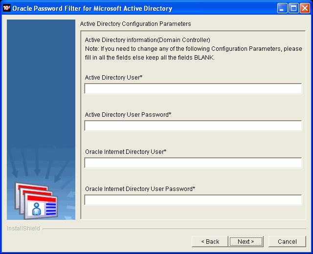 Installing and Reconfiguring the Oracle Password Filter for Microsoft Active Directory This image shows the Oracle Password Filter Configuration Parameters page of the Oracle Password Filter for