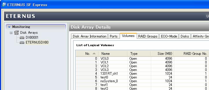 Health and status overview The internal configurations of Disk storage systems, such as volumes and RAID groups are displayed in a list, so that they can easily be checked.