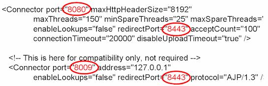 3. Change the port numbers (8005, 8009, 8080, 8443) in the following parts of server.xml and httpd.conf to other numbers. - server.xml Line 18 Line 30-37 - httpd.conf Line 516-517 4.