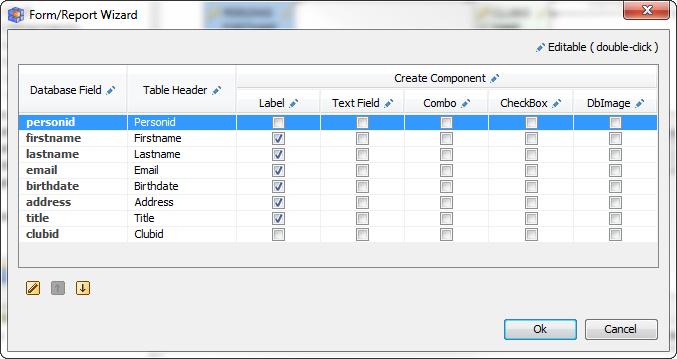 The dialog bellow should appear. Here we can choose a component to place for each of the database fields.