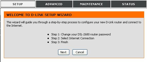 Chapter 3 - Setup ADSL Setup - Setup Wizard The quickest way for most users to establish the Internet connection is to use the Setup Wizard accessed from the ADSL Setup menu.