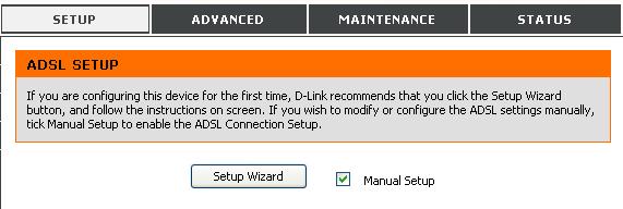 Go to the Setup directory to view the ADSL Setup menu. To use the Setup Wizard, click the Setup Wizard button in the first browser menu and follow the instructions in the menus that appear.
