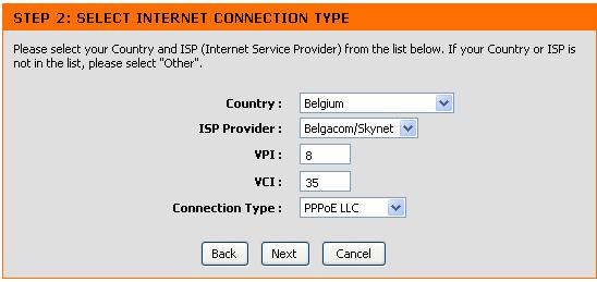 Chapter 3 - Setup Setup Wizard Step 2: Internet Connection Type, Country and ISP If your country appears listed in the Country menu options, select it and wait a few