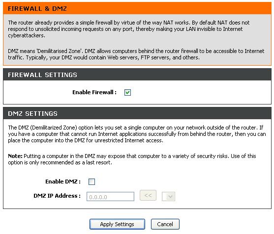 Chapter 4 - Advanced Setup Firewall & DMZ Use the Firewall & DMZ menu to enable or disable basic firewall protection from Denial of Service and other attacks from the WAN.
