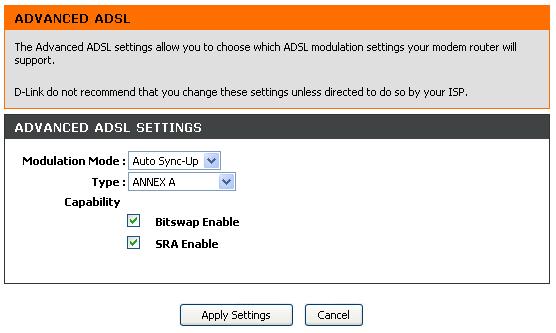 Chapter 4 - Advanced Setup Advanced ADSL ADSL modulation is configured in the Advanced ADSL menu.