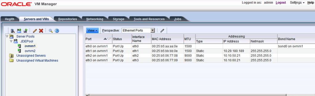 Verify that Nimble Storage is discovered by each Oracle VM Server. 4. Verify the network interfaces on Oracle VM Server (Figure 11). Figure 11.