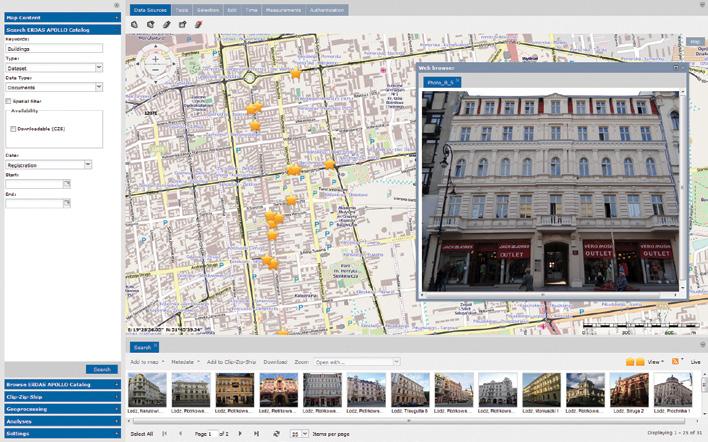 The ERDAS APOLLO catalog can deliver business data such as photos and documents right to your web application. Move the map and search results update automatically.