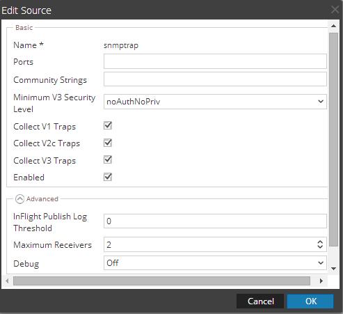 Select snmptrap in the Sources panel and then click the Edit icon to edit the