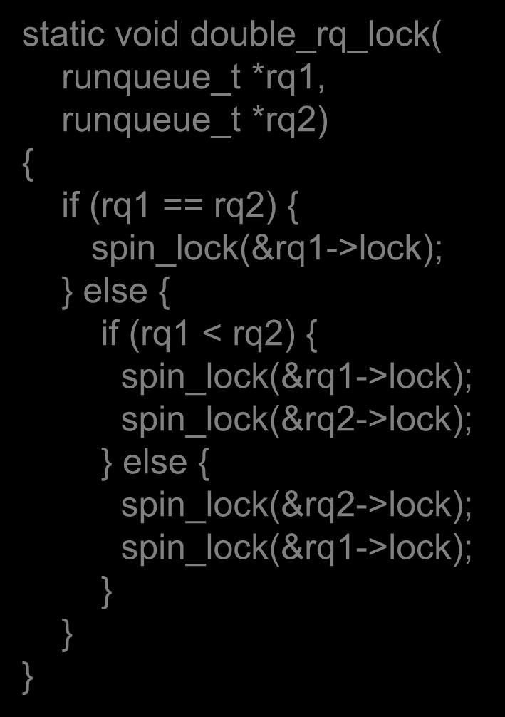 double_rq_lock( runqueue_t *rq1, runqueue_t *rq2) { if (rq1 == rq2) { spin_lock(&rq1->lock); } else { if