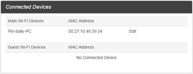 Connected Devices The Connected Devices tab lets you confirm the names and MAC addresses of devices currently connected to your device and set access permissions.