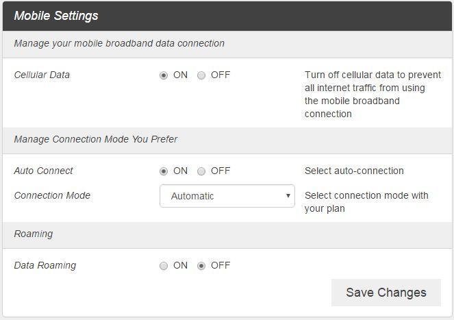 Mobile Settings 1. From the Web UI, click Settings > Mobile Network > Mobile Settings. The Mobile Settings page is shown in the following figure. Cellular data: Turn Cellular data on or off.