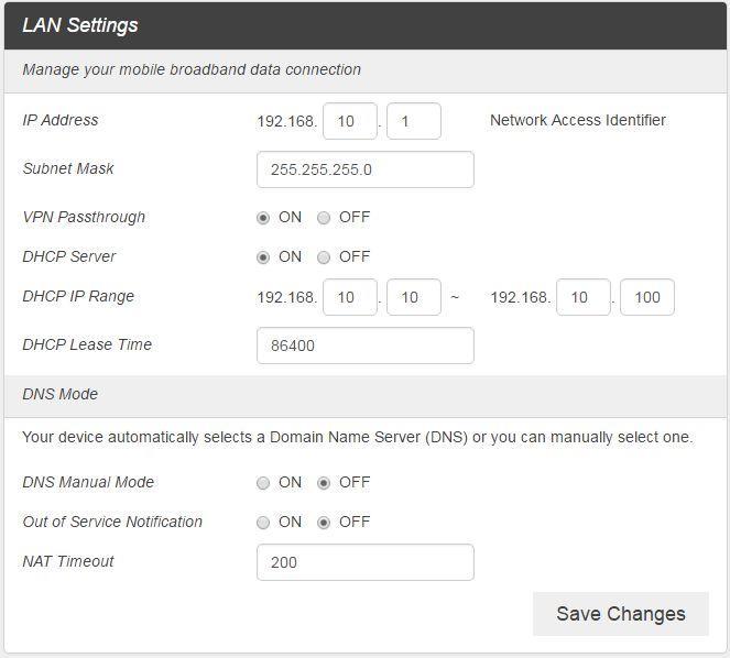 Advanced Router LAN Settings 1. From the Web UI, click Settings > Advanced Router > LAN Settings to display the router information shown in the following figure.