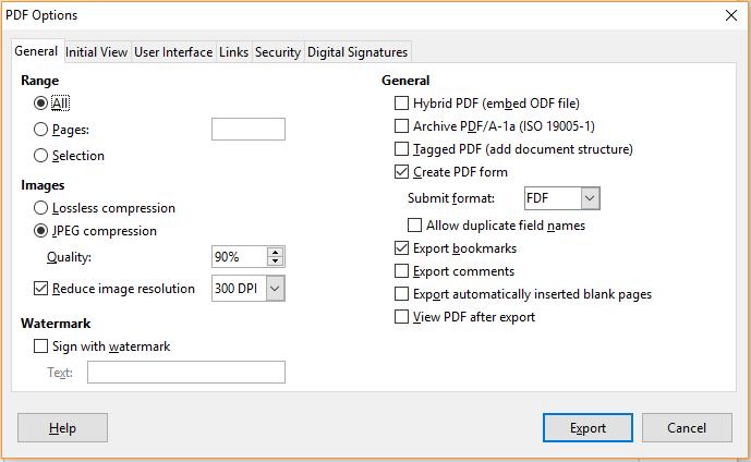 Figure 11: General page of PDF Options dialog Note EPS (Encapsulated PostScript) images with embedded previews are exported only as previews.