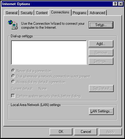 Before You Begin 3 Click the Connection tab. Click the LAN Settings button. The Local Area Network (LAN) Settings window appears. 4 Enable the Automatically detect settings checkbox.