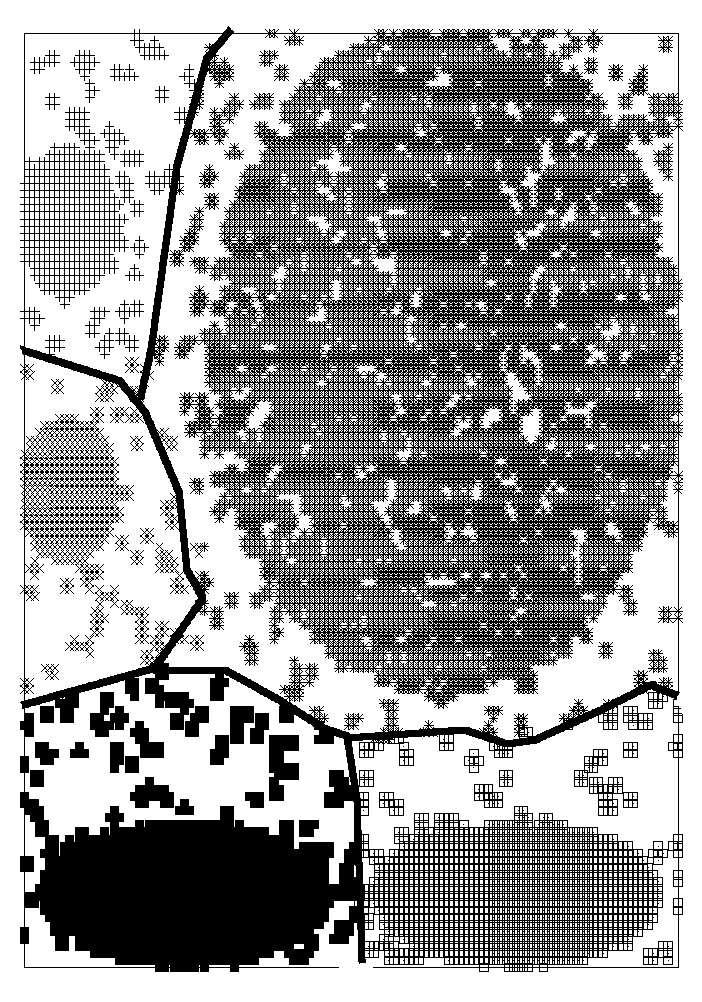 Figure 4. dataset1 with the clustering result of the standard k-windows algorithm Figure 7. dataset1 with the clustering result for 16 sites and 16 initial windows per site Figure 5.