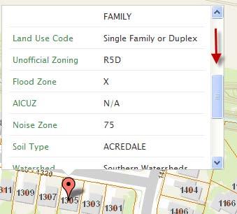 Scroll down using the scroll bar on the right-hand side of the window to find the Flood Zone information: A value of N/A indicates that the property has not been designated as in a Flood Zone.