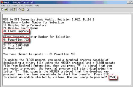 PowerFlex 753 Drives (revision 1.010) 13 Figure 5 HyperTerminal Test Screen Dialogue The terminal program will start displaying the letter C.