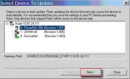 PowerFlex 753 Drives (revision 1.010) 7 6. From the list of available devices, select the PowerFlex 753 drive and click Next >.