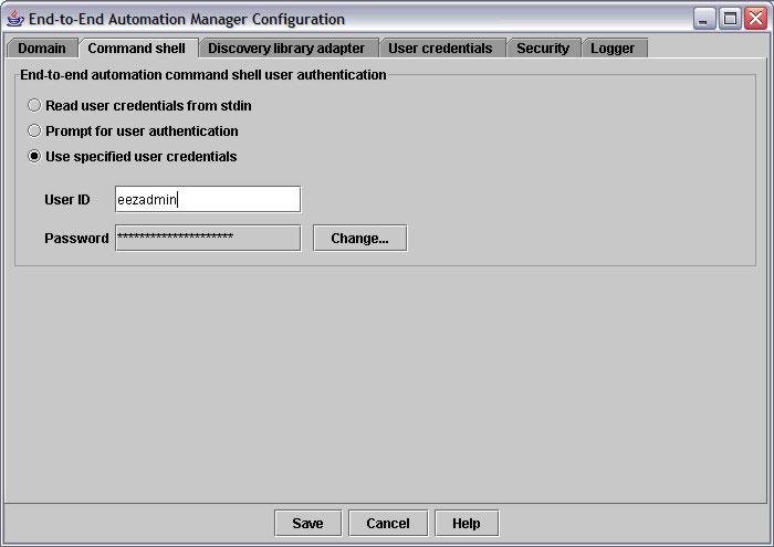 Command shell tab The end-to-end automation manager requires authentication when a user inokes the end-to-end automation manager command shell by entering the eezcs command.
