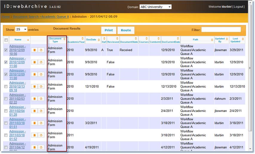 Thin Client Search results on a single docum ent type search To view the document, click on the link in the Name column.