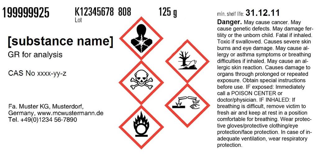 6.7.2 Nebezpečná tuhá látka v 25 ml fľaške Vzorová etiketa 6.7.2 predstavuje jednojazyčnú etiketu pre malé balenie fiktívnej tuhej látky, ktorej sú priradené tieto klasifikácie: oxidujúce tuhé látky kat.