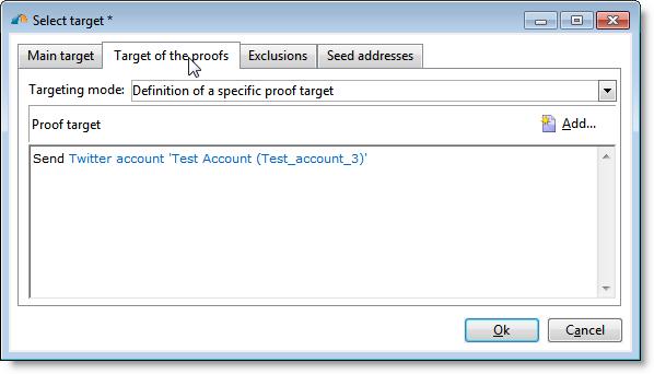 Neolae Selectig the target of the proof The Target of the proofs tab lets you defie the Twitter accout to use for test deliveries before the fial delivery.