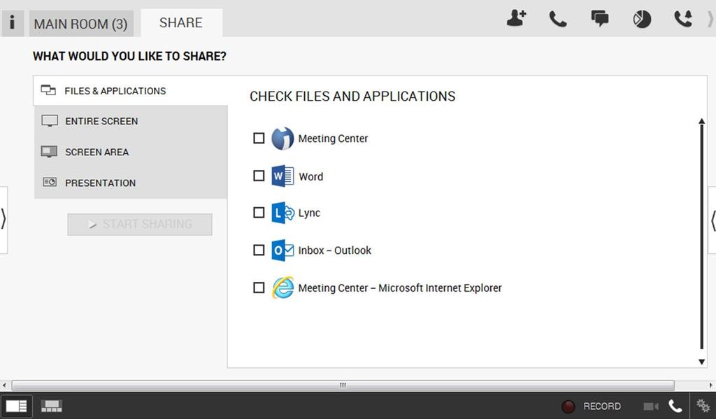 Share Visuals APPLICATION AND DESKTOP SHARING Share and cllabrate n files and applicatins with yur participants directly frm yur desktp. 1. Click Share at the tp left f the interface. 2.