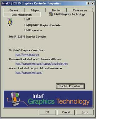 Selecting the Display Mode 3 Click the Settings tab, then click the Advanced button to display the Intel 82815 Graphics Controller Properties dialog box.