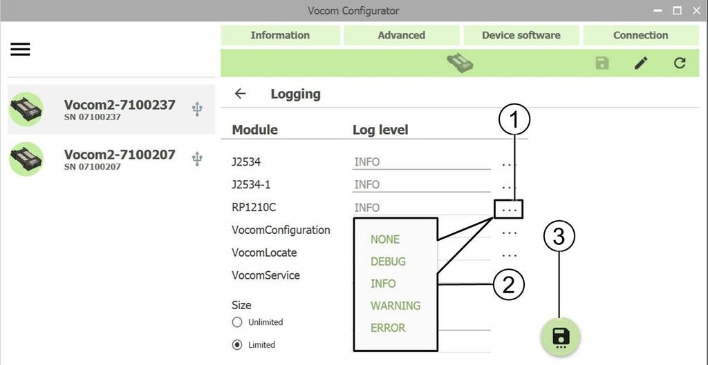 To change the log level of a particular module, perform the following steps: Open the Logging configuration page by clicking Logging in the Options menu.