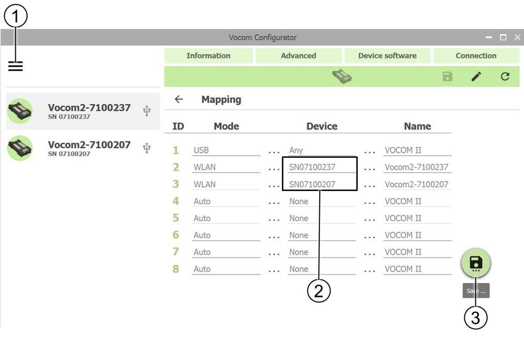 In case of two WLAN-connected VOCOM II operated from a client PC, perform the following steps to change the RP1210 device mapping on that PC: 1 Go to the Mapping configuration page found under the
