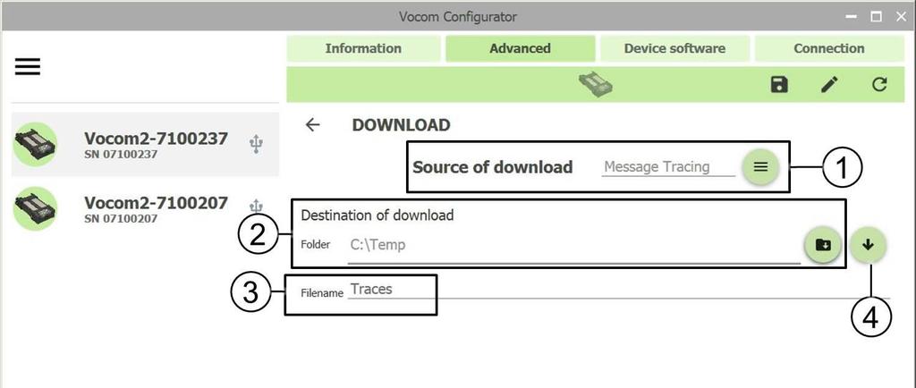 6.5.1 Download page The Download page offers the possibility to get log files from VOCOM II. This information is typically needed for debugging purposes and support cases (i.e. the user help desk may request this data from you).