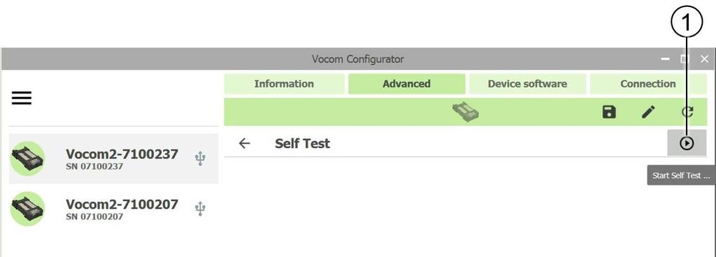6.5.2 Self Test page VOCOM II Self Test tests the proper functioning of internal and external hardware interfaces, in particular the vehicle communication interfaces such as