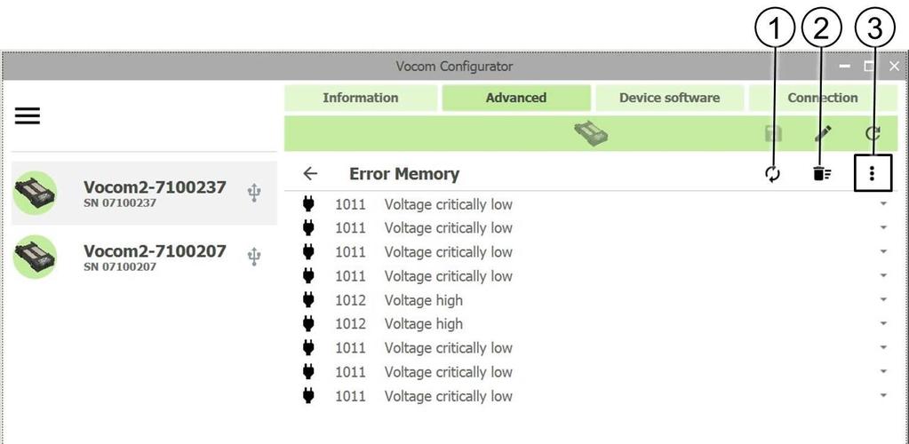 6.5.3 Error Memory page VOCOM II logs critical events and errors in an internal Error Memory.
