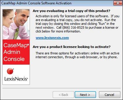 18. In the CaseMap Admin Console Software Activation dialog box, click Next to