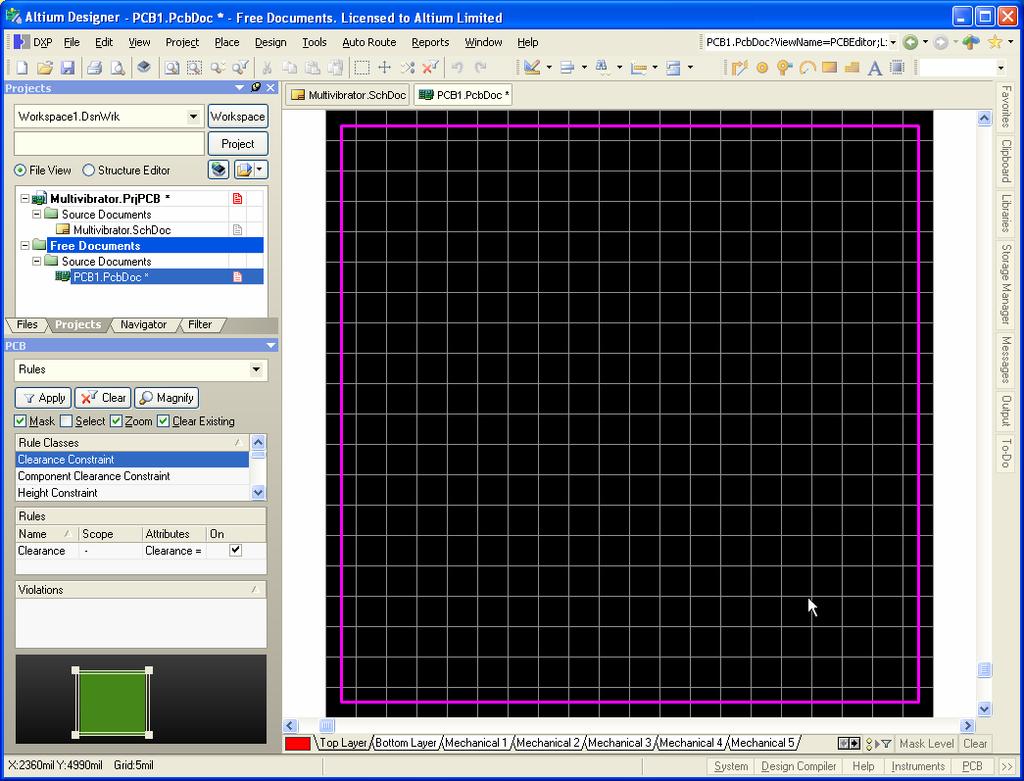 11. The PCB document displays with a default sized white sheet and a blank board shape (black area with grid).