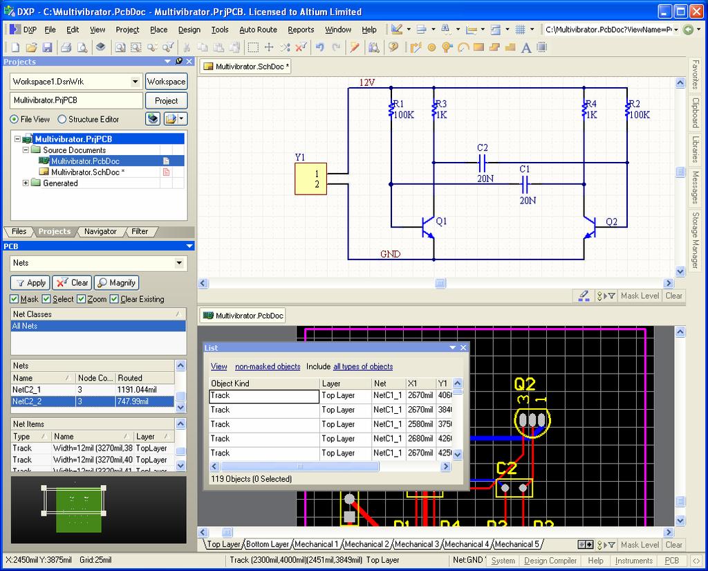 As you create your design documents, you can easily switch between editors, for example, the Schematic Editor and the PCB Editor.