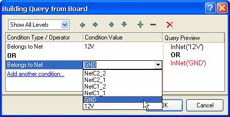 5. Click on Add first condition and select Belongs to Net from the drop-down list. In the Condition Value field, click and select the net 12V from the list. The Query Preview now reads InNet ( 12V ).