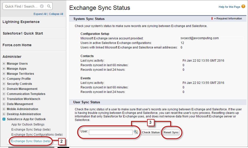 Managing Cloud-Based Email Integration Reset Sync for Exchange Sync Users If a user has trouble syncing between Microsoft Exchange and Salesforce, you can reset that user s sync process.
