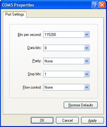Set the serial port settings as follows: 4 Bits per second: 115200 Data