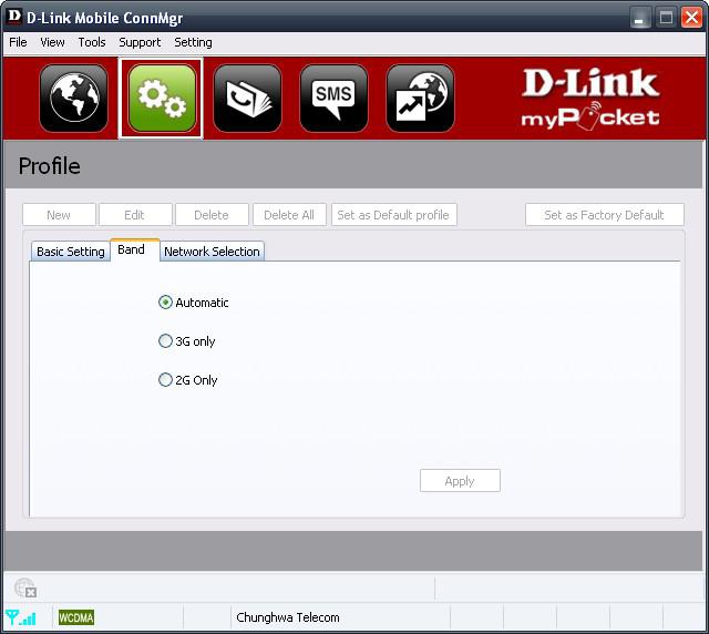 Section 3 - Device Setup using D-Link Connection Manager (Windows) Profile Settings The Profile Settings page allows you to manually change your Band and Network setting in case your DIR-457 can not