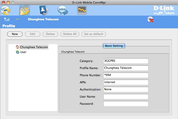 Section 4 - Device Setup using D-Link Connection Manager (MAC OS) Profile Management Under the Profiles icon, users can create, edit and delete profiles as well as preset profiles.