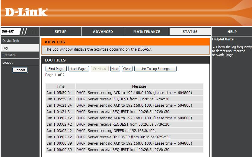 Section 5 - WEB Configuration Logs The router automatically logs (records) events of possible interest in its internal memory.