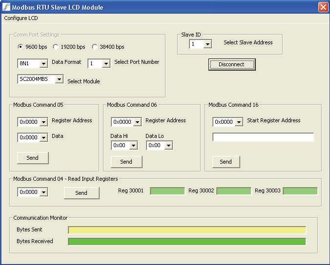 SC004MBS 0x4 Characters MODBUS RTU Slave Select SC004MBS and the correct COM port number then click on Connect