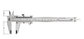 Workshop Vernier Caliper 100 Series Standard DIN 862 Standard workshop model with stop screw Assembly slider model 4-way measurement Made of hardened alloyed stainless steel Chromed scale with