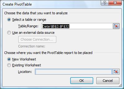 To create the pivot, first select the data in the table. Next, in Excel 2007, click Insert, Pivot Table, and in the screen below click OK. This will create an empty pivot table.