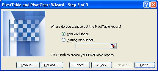 At this stage, you can either select Layout or you can click Finish, which will create an empty pivot table, as in Excel 2007, and you can do the layout in the empty table.