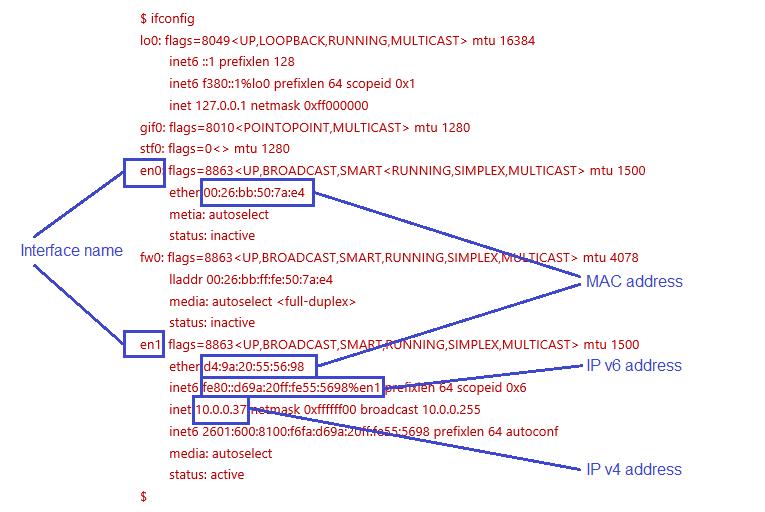 IPv6 Address The IP v6 address is labeled with "inet6 addr", and is follows the IP v4 address in the listing detail. The previous illustration calls out the IP v6 address of the "eth0" interface.